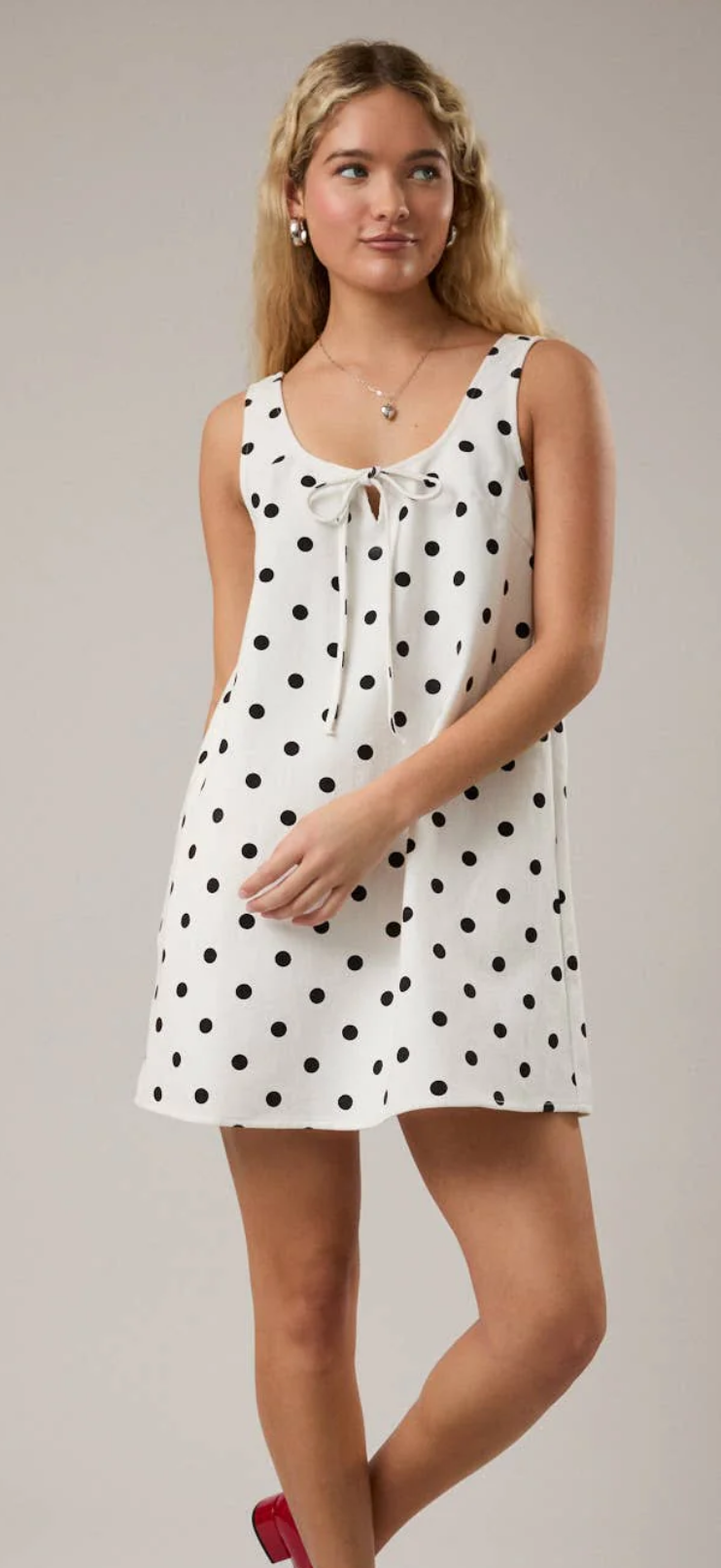 Sleeveless Scoop Neck Polka Dot
Denim Mini Dress