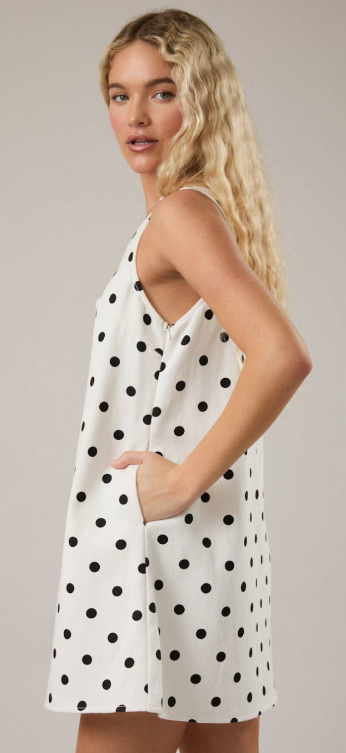 Sleeveless Scoop Neck Polka Dot
Denim Mini Dress